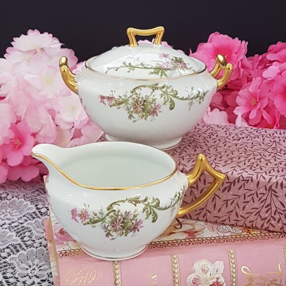 1920s French Limoges Sugar Bowl & Creamer Set Pink Daisy Floral Tea Party Gift - Picture 6 of 10
